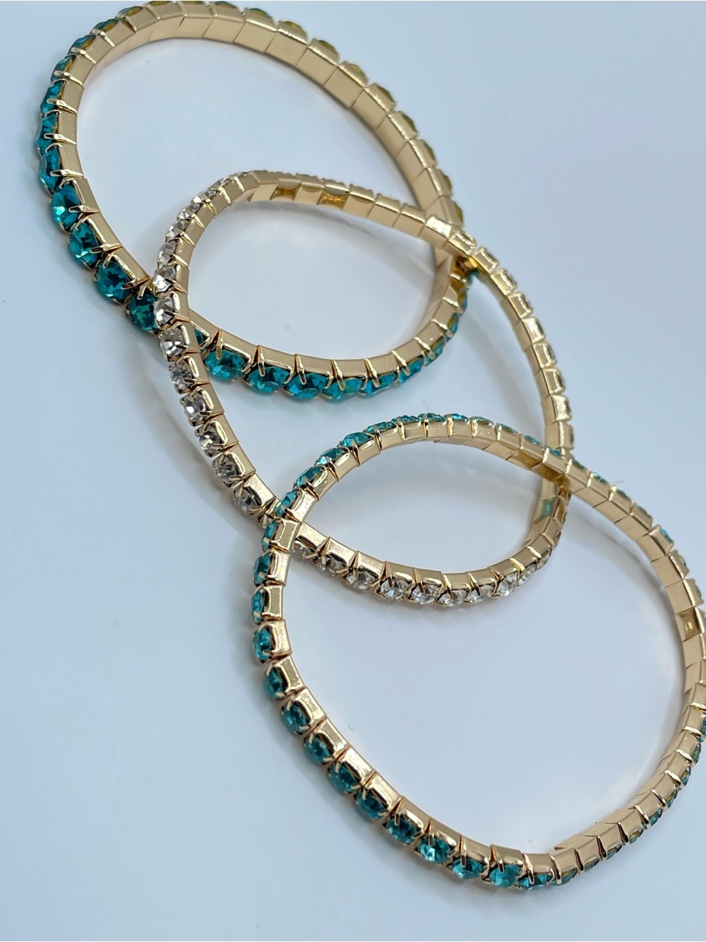 Gold Tone Blue Crystal Glass Stretch Bracelet Stack Set Sparkly Glam - Picture 6 of 6
